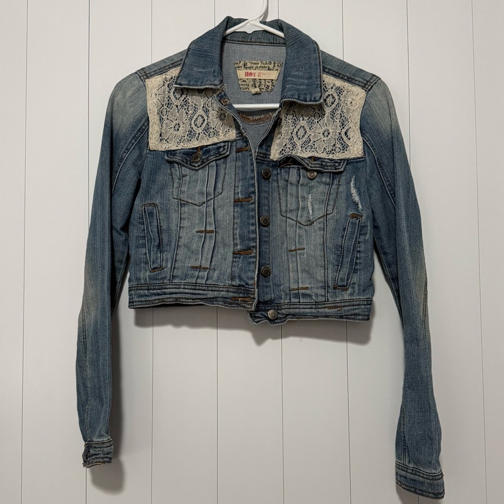 Hot Kiss Ripped Denim Jacket with Lace Detail
